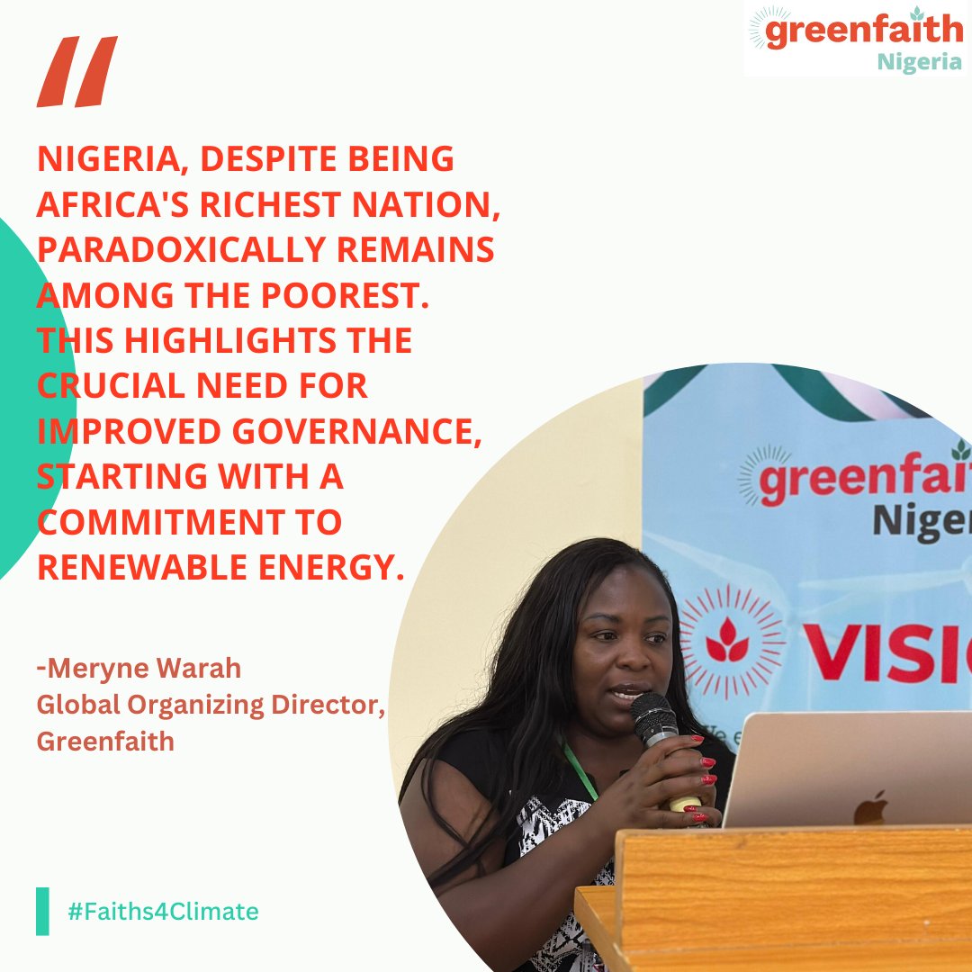 greenfaithng1's tweet photo. "Nigeria, despite being Africa's richest nation, paradoxically remains among the poorest. This highlights the crucial need for improved governance, starting with a commitment to renewable energy"
-@merynewarah
#Faiths4Climate #FossilFreeNigeria #CleanUpOgoni https://t.co/jaHOnbnVUX