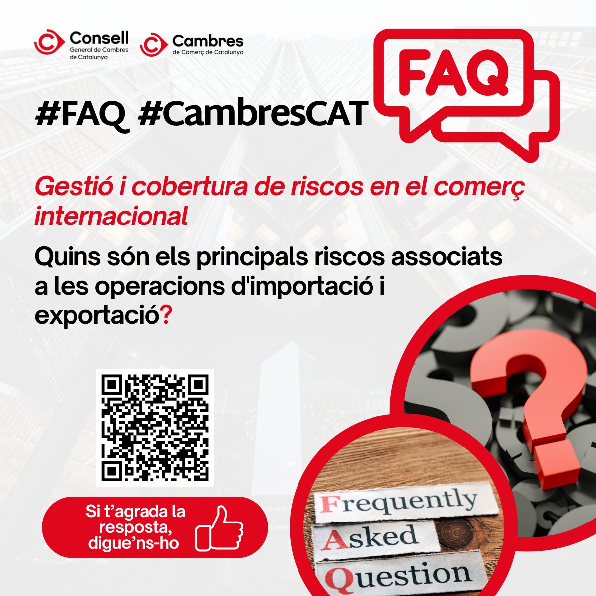 Cambres_Go's tweet photo. Preguntes freqüents #FAQCambresCat ! 🌟 
Gestió i cobertura de riscos en el #ComerçInternacional ➡️  Quins són els principals riscos associats a les operacions d'importació i exportació? 

💬 Resposta 👉  https://t.co/4a3VHMlMy0 https://t.co/iFGw1bDXxz