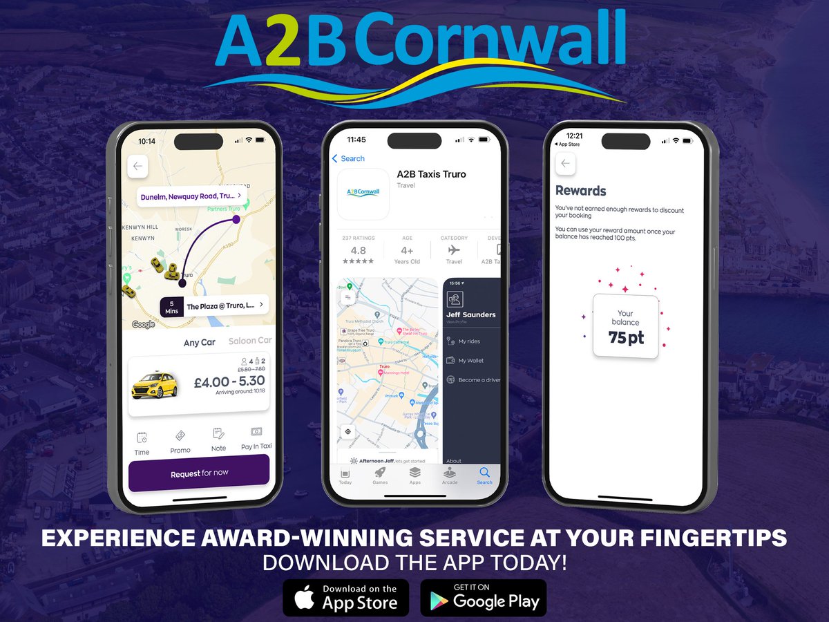 Booking made easy, service you can trust! 🚖✨
Download the app today and experience our award-winning taxis wherever you need to go

📲 Download our app bit.ly/A2BTaxis
📞 01872 272989
🌐 a2btaxistruro.com
-
-
-
-
#A2B #A2BTaxis #Taxi #App #Download #Cornwall