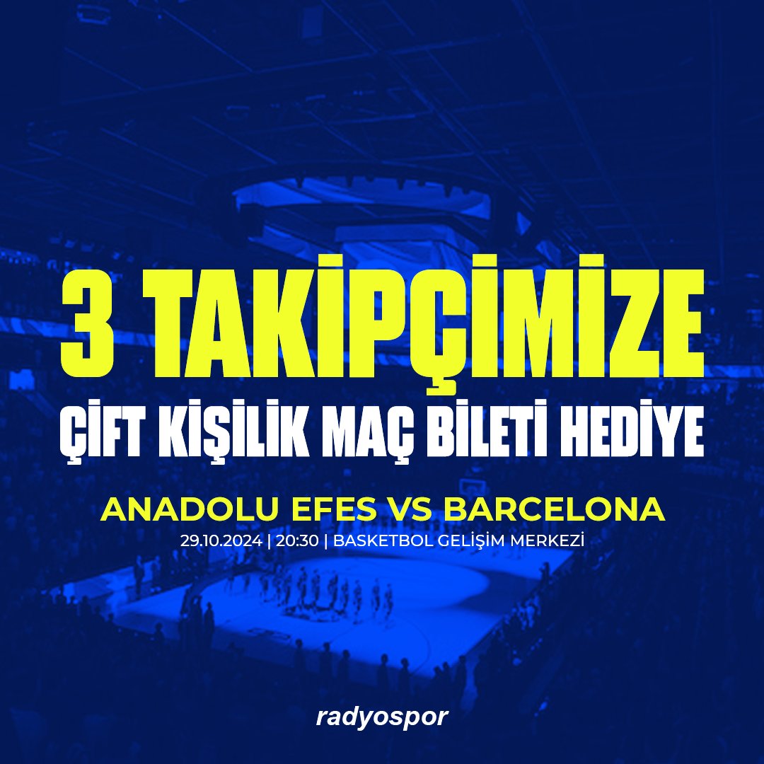 🤩  Anadolu Efes, Barcelona'yı Basketbol Gelişim Merkezi'nde konuk ediyor!

🎟️  Bu tweet'i RT edip beğenen ve <a href="/radyospor/">Radyospor</a> ile <a href="/ajansspor/">Ajansspor</a>'u takip eden 3 kişiye çift kişilik maç bileti hediye ediyoruz!

<a href="/AnadoluEfesSK/">Anadolu Efes SK</a>