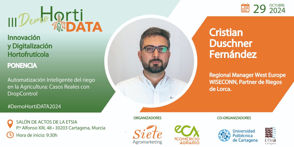 eComercioAgr's tweet image. Continuamos centrándonos en el #Riego de Precisión 

Automatización Inteligente del riego en la agricultura: Casos Reales con DropControl  

🗣Cristian Duschner Fernández. Regional Manager West Europe @WiseConn, Partner de @RiegosdeLorca

#DemoHortiDATA2024