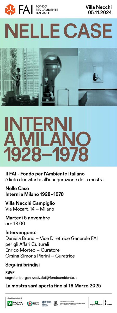 Docomomo_ITA's tweet image. #modernarchitecture
#modernheritage
Nelle case. Interni a Milano 1928-1978
5.11.2024 - 16.3.2025
Villa Necchi Campiglio
Via Mozart 14, Milano
Mostra a cura del FAI-Fondo Ambiente Italiano
Inaugurazione: 5 novembre 2024 | Ore 18:00
fondoambiente.it
@Fondoambiente