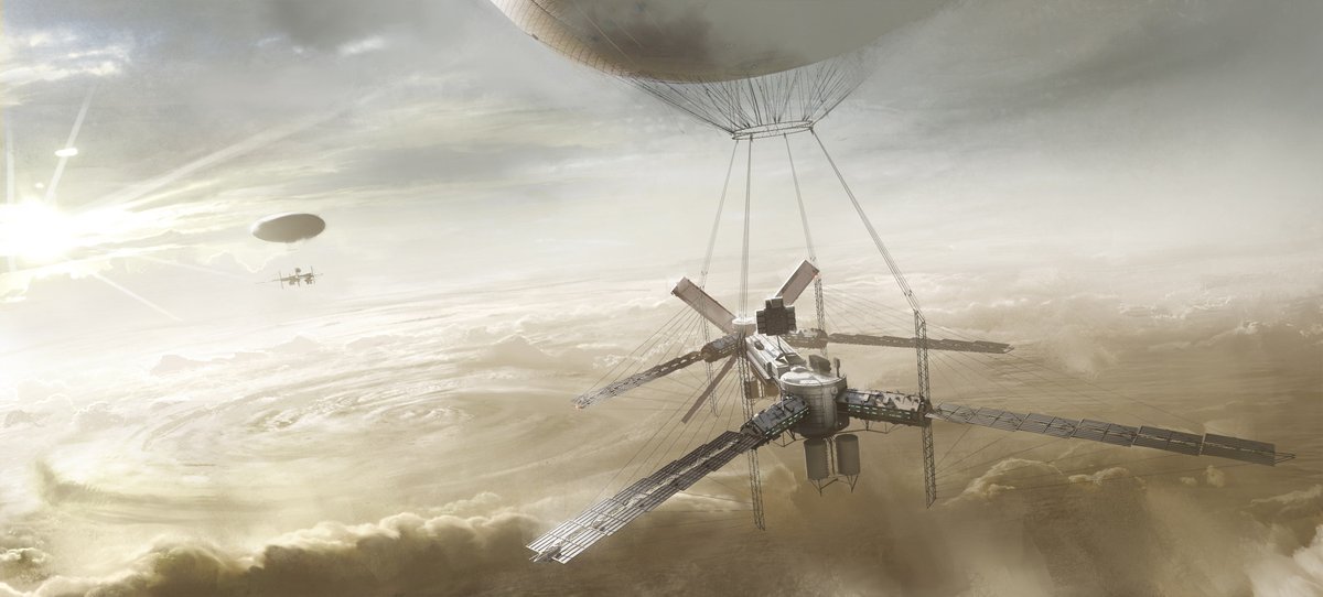 ToughSf's tweet photo. A colony hanging from a helium balloon in Venus' stratosphere, where temperature, pressure and gravity are all very Earth-like. 
#space #art by Erik van Helvoirt
https://t.co/gucaGGTwCF https://t.co/AlUlupOMpA