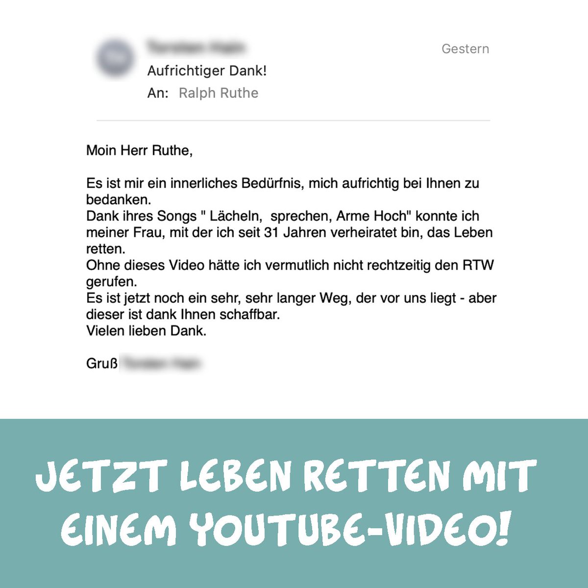 Heute ist Welt-Schlaganfalltag. 
Ihr wisst, dass ich regelmäßig empfehle, mein Video "Lächeln Sprechen Arme Hoch" zu teilen. Es dauert keine drei Minuten, bleibt einem ewig im Gedächtnis und rettet Leben. Erwiesenermaßen! 
Zum Clip: youtube.com/watch?v=SmZZLG…

Retweet = 🧡