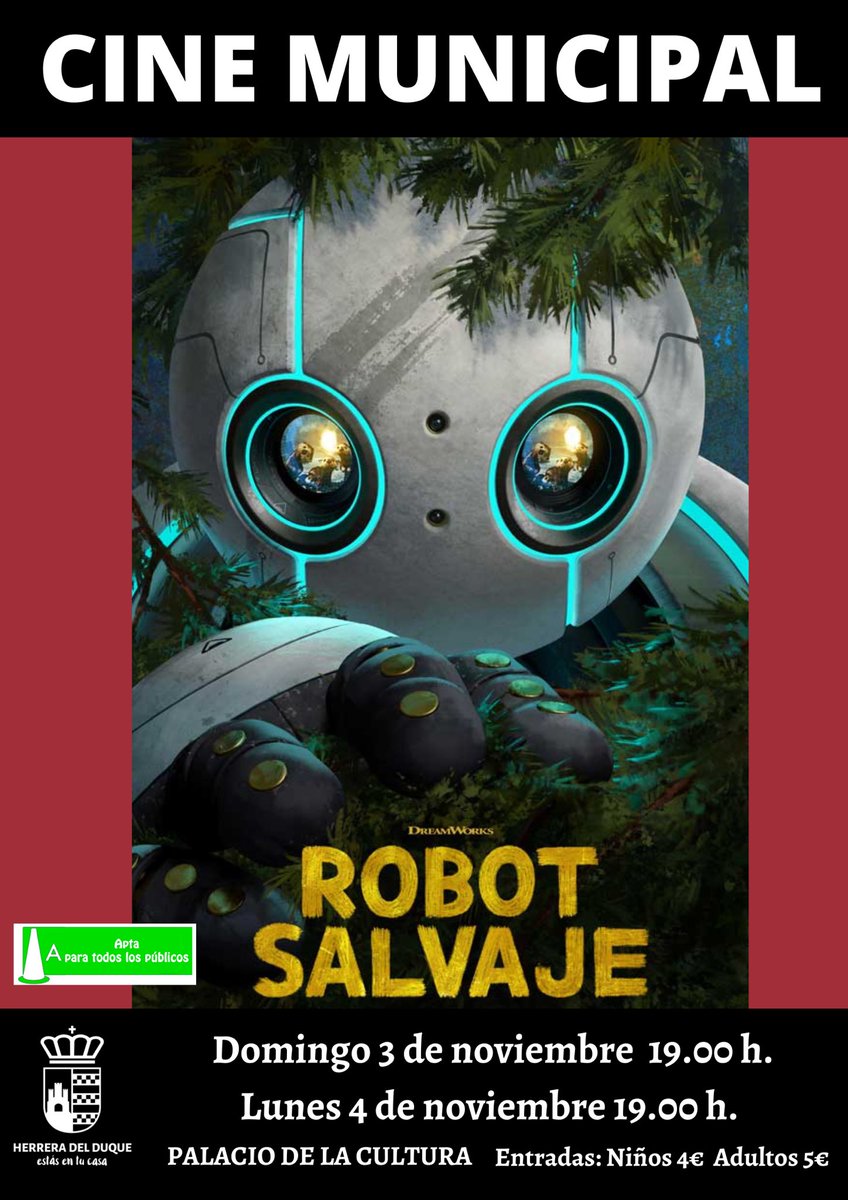 🎬 𝗖𝗜𝗡𝗘 𝗠𝗨𝗡𝗜𝗖𝗜𝗣𝗔𝗟 / 𝗥𝗢𝗕𝗢𝗧 𝗦𝗔𝗟𝗩𝗔𝗝𝗘 

¡No te pierdas esta emocionante aventura en el Cine Municipal de Herrera del Duque!

🗓️ Domingo 3 de noviembre a las 19:00 h
🗓️ Lunes 4 de noviembre a las 19:00 h

#HerreraDelDuque #EstásEnTuCasa #HerreraEsCultura