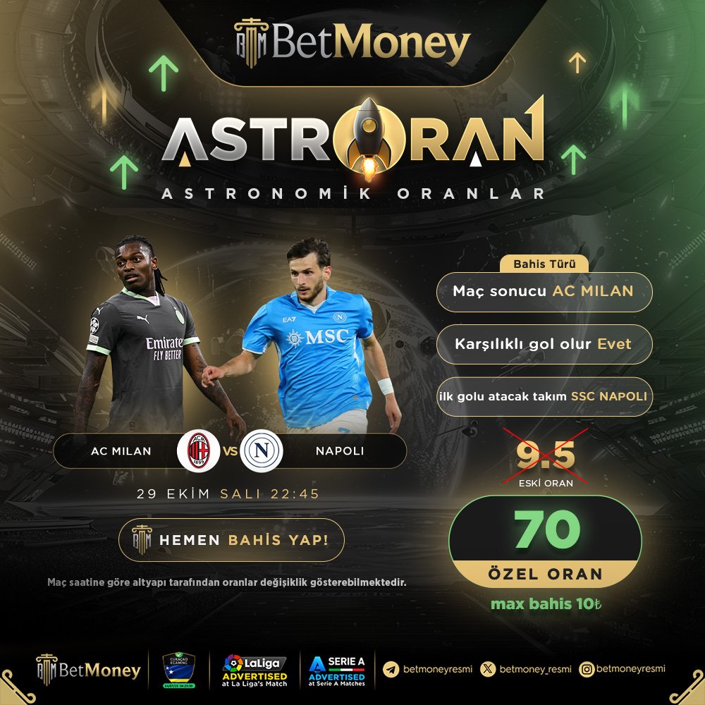 📣 BetMoney’e Özel AstrOranlar İle Daha Fazla Kazanma Fırsatı❗

🚨 %19’a Varan Kombine Bonusu ve Mega Spor Jackpot ile İnanılmaz Kazançlar Seni Bekliyor❗

🚀 Dünya’nın ve Türkiye’nin Lisanslı En Güvenilir Bahis ve Casino Sitesi❗

📲 Serie A > Özel Bahisler 💸