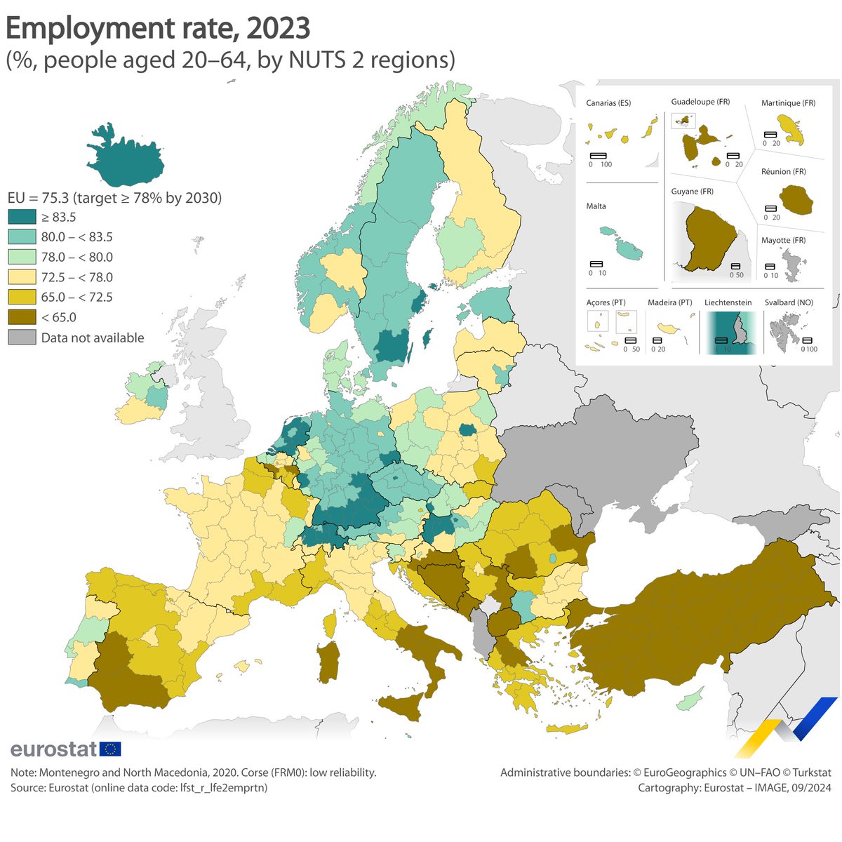 In 2023, the EU’s employment rate stood at 75.3%, up 0.7 percentage points compared with 2022. 💼

At regional level, highest in:
🇵🇱Warszawski stołeczny (86.5%)

Lowest in:
🇮🇹Calabria and 🇮🇹Campania (both 48.4%)

Learn more ➡️europa.eu/!8gD7rT

#EurostatRYB