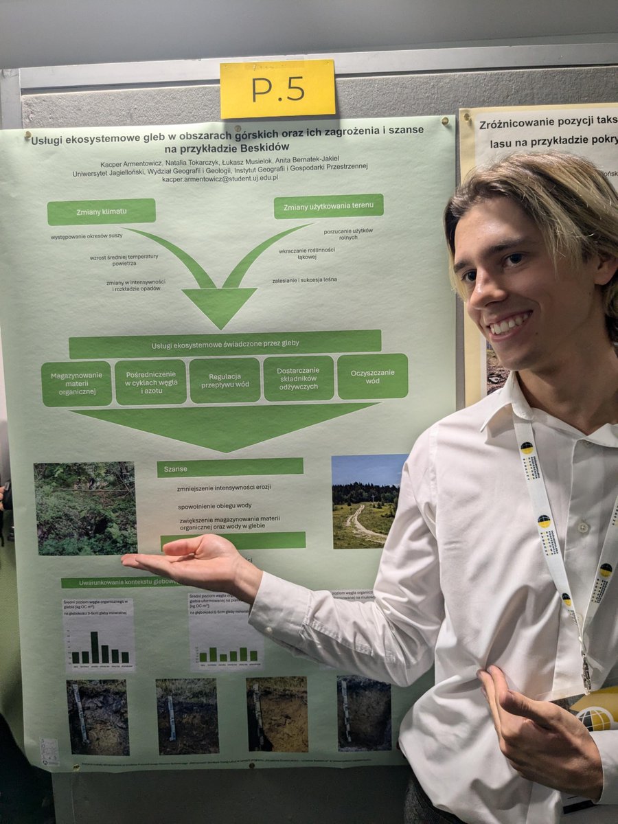 SOILab_UJ's tweet photo. and Kacper Armentowicz presented the poster 
"Ecosystem services provided by soils in mountain areas and their threats on the example of the Beskidy Mountains"
 
#soil #ecosystemservices #mountains #ECR #conference https://t.co/2b1mvkFk6B