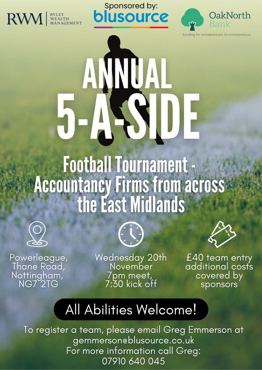 **5-A-SIDE UPDATE** 🤝⚽🏆 13 teams (pending a 14th) already signed up for the 5-a-side tournament for accountancy firms on Wednesday 20th November. Please contact me soon if you would like to register your team, 6 spaces left. gemmerson@blusource.co.uk

lnkd.in/ezZxWaX6