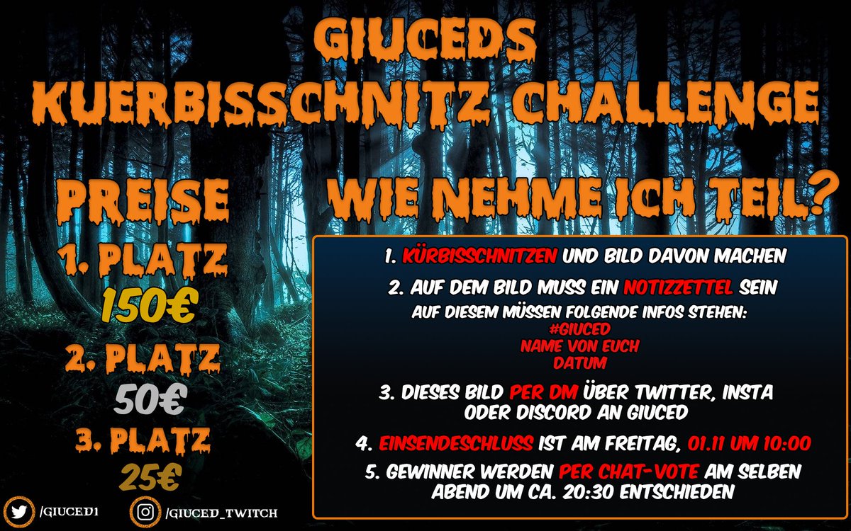 PEACE!

Halloween-Special-Stream am 01.11 mit Kürbis-Schnitz-Wettbewerb und fettem Preisgeld!

Liken, teilen, kommentieren und vor allem MITMACHEN! Desto mehr desto besser ✌️