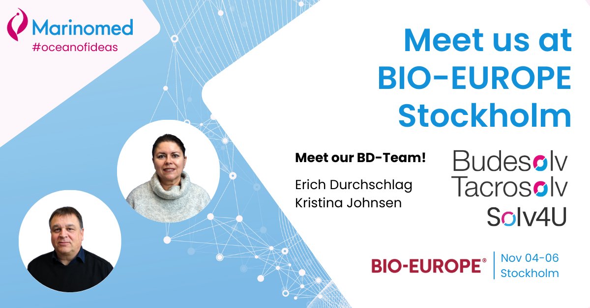 Meet our BD-team Erich Durchschlag and Kristina Johnsen at #BIOEurope in Stockholm from November 4-6, 2024!

To arrange a meeting, use the #partneringone platform lnkd.in/dCbGGu3z or email us at bd@marinomed.com!

<a href="/EBDgroup/">EBD Group</a> #oceanofideas