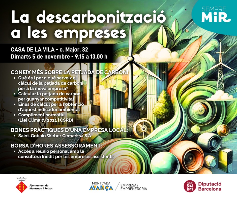 Empreses, petjada de carboni i #descarbonització. 
En parlem en aquesta jornada amb @CarlesGasol i X. Hidalgo, d'#inèdit.

🗓️ Dimarts, 5 de novembre
📍 Casa de la Vila (carrer Major, 32, de Montcada i Reixac)
✍🏻 Apunteu-vos-hi aquí: docs.google.com/forms/d/e/1FAI…