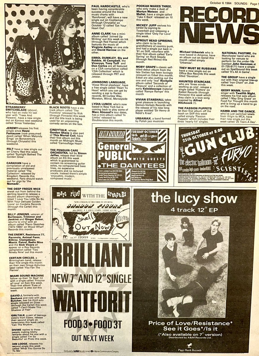 ZoundsAbound's tweet image. A round up of this week’s Record &amp;amp; Tour News featuring information on @strawfansite #Felt #Caravan #MiamiSoundMachine #Divine @thepenguincafe #MickeyJupp #HambiAndTheDance #TheJuneBrides #HellsBelles #YeahYeahNoh &amp;amp; @DCDmusic 

Sounds Oct 6th 1984
