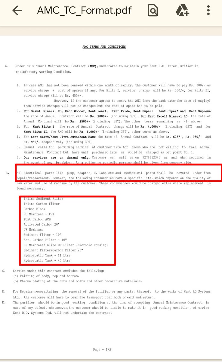 _richa_sahu's tweet photo. AMC covers only elect. parts as mentioned in point B and the filter is not an electrical part also described in bullet points in point B. The story of 'AMC being invalid in case of part change etc etc' doesn't specify which part pt. P &amp; Q . Therefore I have to rely on pt. B again https://t.co/GyV6kzz6BA