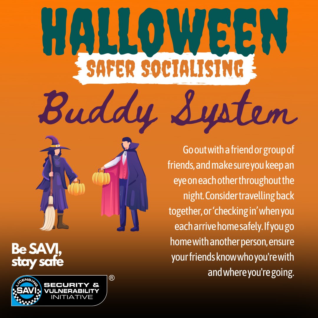 LicensingSAVI's tweet image. 👻 Halloween is creeping up! If you’re planning to hit the town, don’t forget one key accessory: a Buddy!

Having a buddy system isn’t just for trick-or-treaters! When you’re out celebrating, it’s the perfect way to stay safe.

👻 #BuddySystem #StaySafe #LookForStars