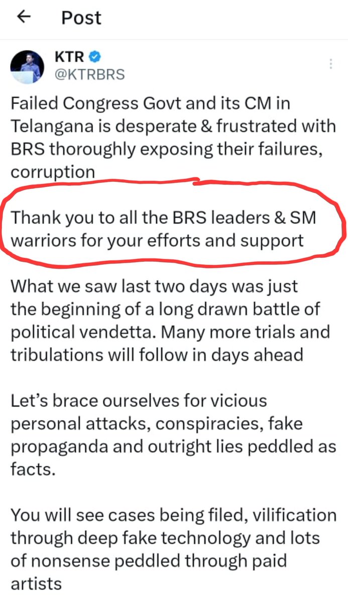 It seems no ground cadre for BRS Party. 

బిఆర్ఎస్ పార్టీకి క్షేత్ర స్థాయి కార్యకర్తల బలం లేదని అర్ధం అయిపోయింది 

అవును నిజమే. ఎందుకంటే మా ఇంటి ఎదురుగా ఒక బిఆర్ఎస్ కార్యకర్త ఉంటున్నాడు. ఎలక్షన్ కి ముందు ఆయన మెడలో కండువా, ఇన్నోవా వెహికల్ మీద ఆలయ చైర్మన్ ప్లేట్, ఇంటి మీద బిఆర్ఎస్