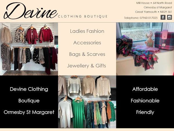 OMD Websites launches #responsive #website for #Norwich #Norfolk business Devine Clothing: Independent fashion boutique offering a selection of affordable smart and casual clothing, accessories, jewellery and gifts in the village of Ormesby St Margaret info@devineclothing.co.uk