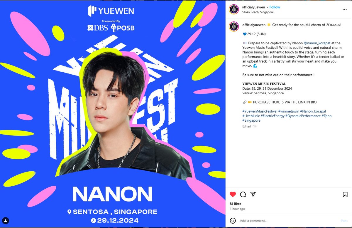 nnn_nnn_zzz's tweet photo. IG: officialyuewen
IG: https://t.co/yTjGrd6dVb

YUEWEN MUSIC FESTIVAL 2024
29 December 2024
Siloso Beach, Sentosa, Singapore

#mynameisnanon #nanon_korapat 
#NANON #YuewenMusicFestival 
#LiveMusic #ElectricEnergy #DynamicPerformance
#Tpop #Singapore https://t.co/4l2v668Bhi