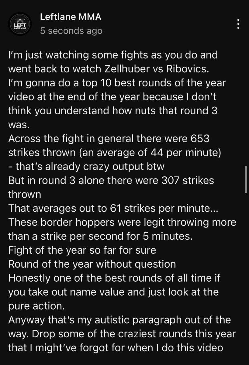 leftlanemma's tweet photo. I don’t think people realise how nuts that fight was between Zellhuber and Ribovics
Round 3 has gotta be putting up some historic numbers
#ufc #randomstat https://t.co/yFhiS1UAy6