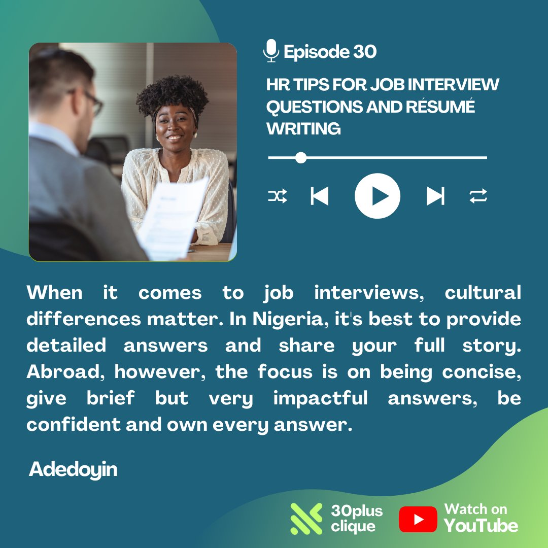 30plusclique's tweet photo. Get professional guide for your job interviews from a HR professional.

Watch on YouTube @30plusclique

#30plusclique #jobinterviewtips #AlexIkwechegh #HouseofReps #Jarvis #Flavour #NigerianPolice #Odumodu #peller #ShaunOkojie #NigeriaRonaldinho $Dogs  #Apology https://t.co/5bKqIHVit2