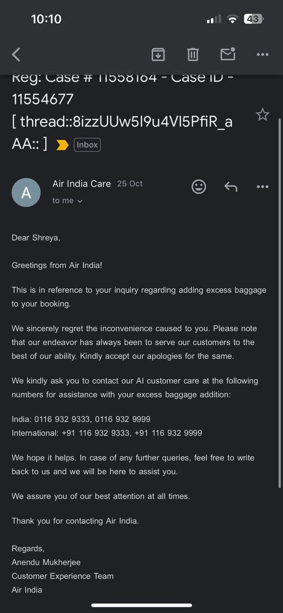 Shreya2099's tweet photo. @airindia @AirIndiaX @airindia two people have responded to the same complaint with different answers!! Is there any consistency?? https://t.co/n3PvCWf2bY