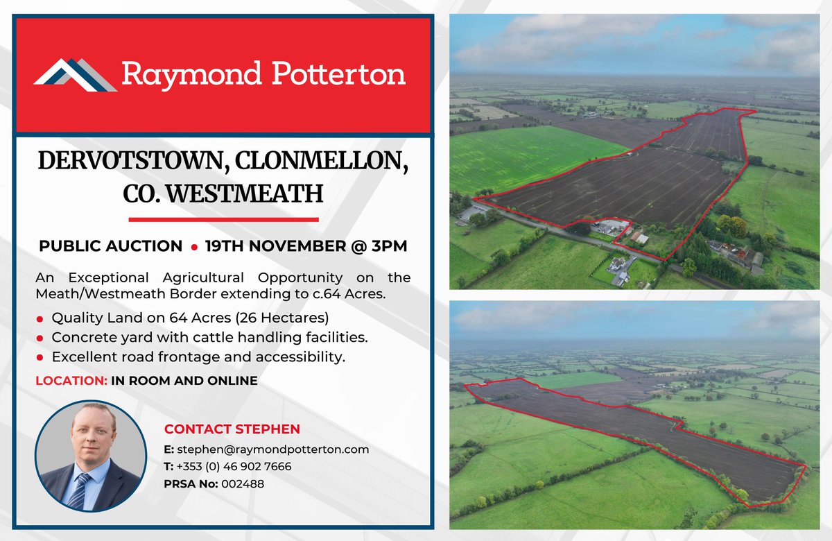 📍 Dervotstown, Clonmellon, Co. Westmeath

🔴 Public Auction on November 19th @ 3PM

An incredible opportunity to acquire 64 ACRES (26 HECTARES) on the Meath/Westmeath Border📌

Register your interest online today⬇️
raymondpotterton.com/property/dervo…
