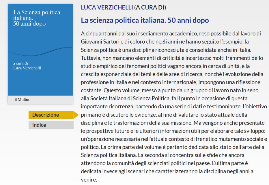 RISP Ita PolSc Rev (@ita_polsc_rev) on Twitter photo What is the current state of PoliticalScience in Italy❓
What challenges still await the community of political scientists❓
And what about the possible future challenges for the discipline❓
Take a look at this book ed. by <a href="/LucaVerzichelli/">Luca Verzichelli</a>. A must-read!
👉mulino.it/isbn/978881539… What is the current state of PoliticalScience in Italy❓
What challenges still await the community of political scientists❓
And what about the possible future challenges for the discipline❓
Take a look at this book ed. by <a href="/LucaVerzichelli/">Luca Verzichelli</a>. A must-read!
👉mulino.it/isbn/978881539…