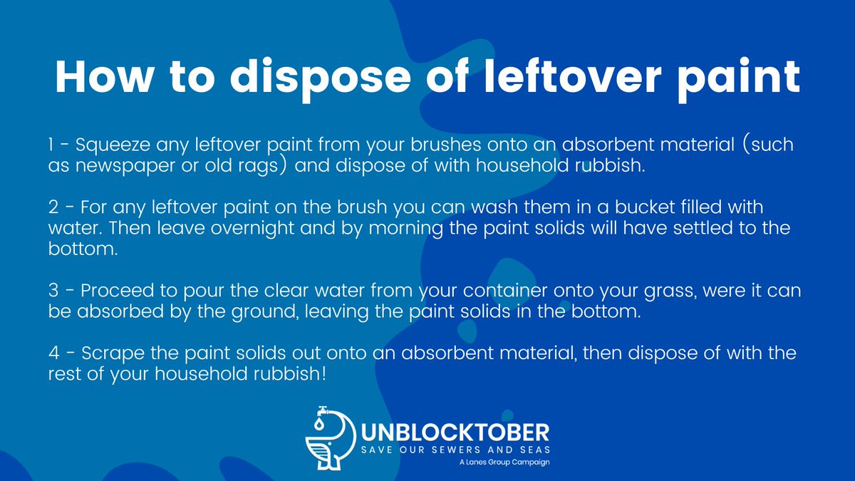 Unblocktober (@unblocktober) on Twitter photo 79% of people have admitted to washing paint down their drains, contributing to blockages and fatbergs.
So what is the best way to dispose of your leftover paints? 79% of people have admitted to washing paint down their drains, contributing to blockages and fatbergs.
So what is the best way to dispose of your leftover paints?