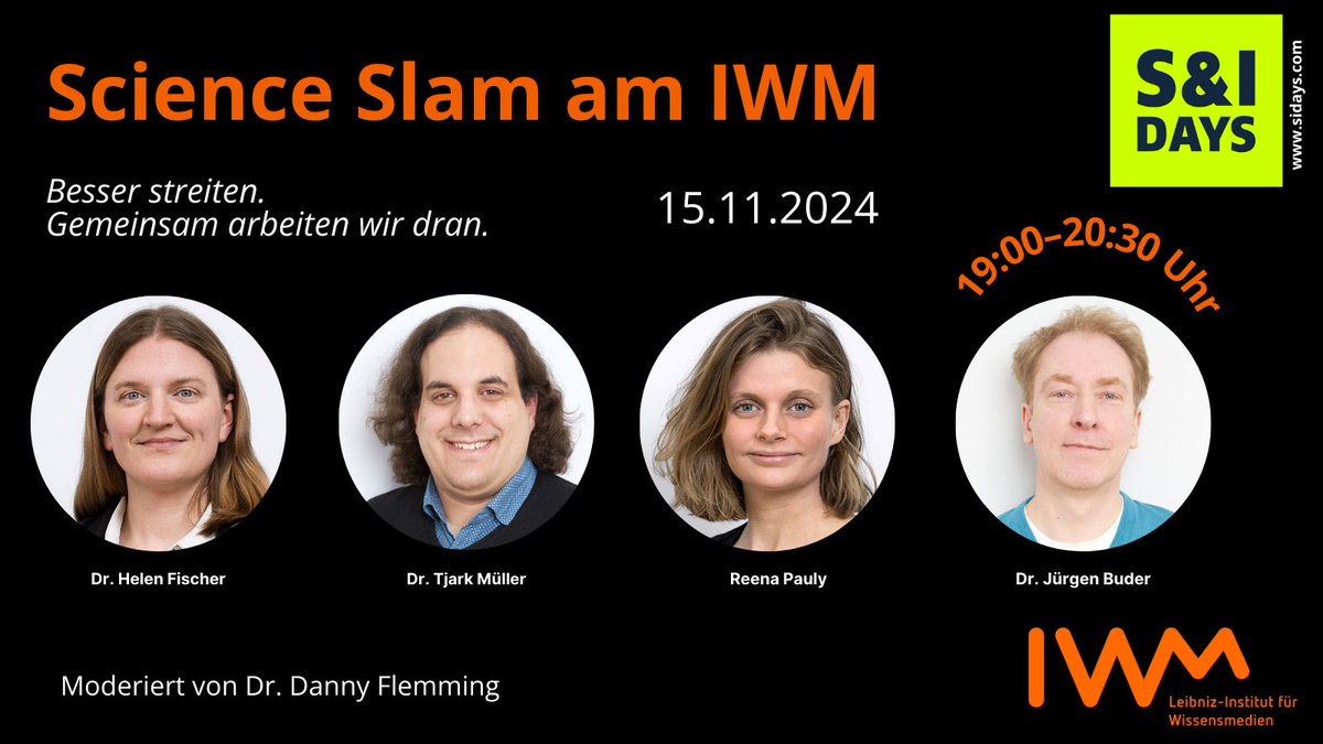 IWMtue's tweet photo. 📢Science Slam: Am 15. November findet am IWM ein #ScienceSlam im Rahmen der Science & Innovation Days statt. Spannende Einblicke warten auf Euch - darüber, wie man „Besser streiten“ kann. Kommt doch vorbei! Mehr Infos: https://t.co/gKhvbN8UDD ✅#SIDays24 #Wissenschaft @uni_tue https://t.co/PceUhYpYVm