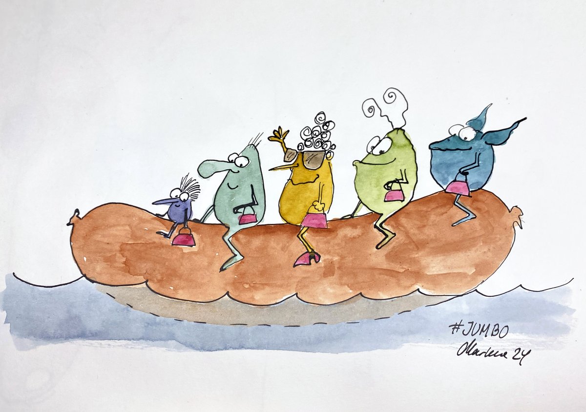 Vinkelmule's tweet image. A bunch of friends are out for a sail on a #jumbo sized inflatable sausage. They are debating if it is a preferred mean of transport in Sausageland. I am so happy @sausageonstick is back #inktober @inktober #pensketch ⁦ #Inktober2024 #InkToberDay28