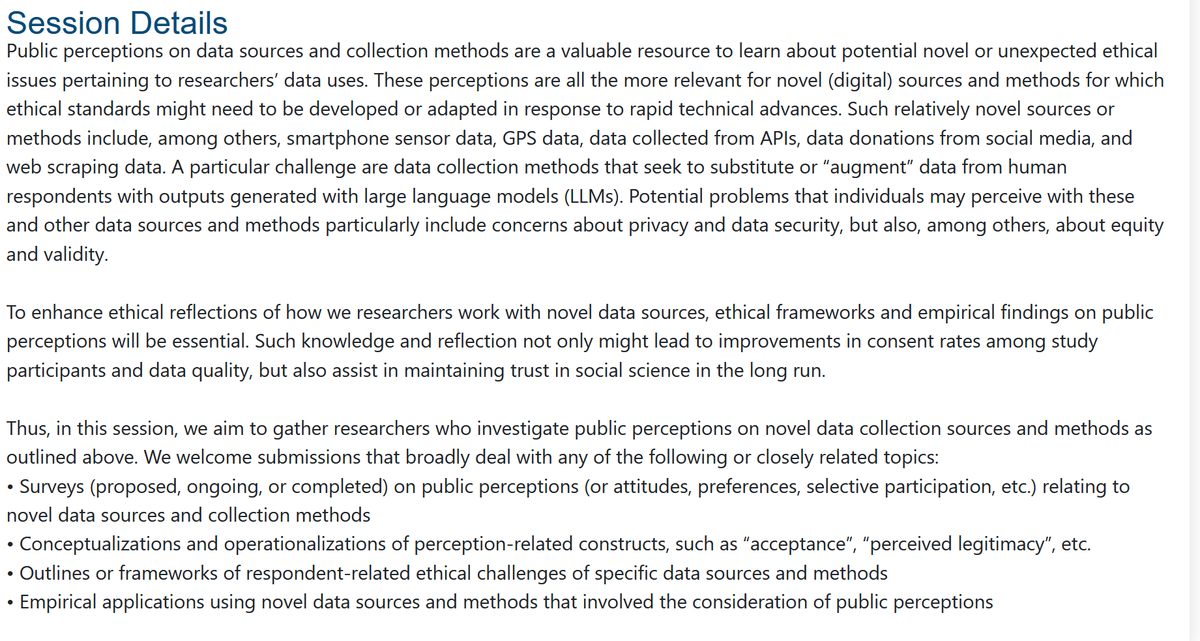 Frederic Gerdon (@kausalfred) on Twitter photo The Call for Abstracts for #ESRA25 <a href="/ESRAsurvey/">ESRA</a> in Utrecht is now open until Dec 20! Looking forward to your abstracts for our session "Public perceptions on using novel digital data sources and collection methods" with <a href="/rub3n_luc/">Ruben Bach</a>, C. Kern, & Daria Szafran
europeansurveyresearch.org/conference/utr… The Call for Abstracts for #ESRA25 <a href="/ESRAsurvey/">ESRA</a> in Utrecht is now open until Dec 20! Looking forward to your abstracts for our session "Public perceptions on using novel digital data sources and collection methods" with <a href="/rub3n_luc/">Ruben Bach</a>, C. Kern, & Daria Szafran
europeansurveyresearch.org/conference/utr…