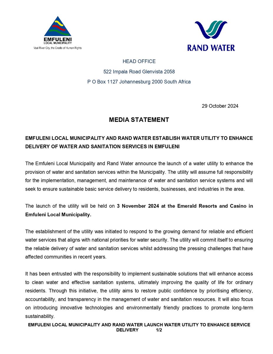 Rand_Water's tweet photo. 🚨Media Statement🚨
The Emfuleni Local Municipality and Rand Water announce the launch of a water utility to enhance the provision of water and sanitation services within the Municipality. 

@EmfuleniLM @DWS_RSA 

#RWServiceDelivery 
#RWWaterServices 
#ELMSPVLaunch
[NS] https://t.co/Ya4ulArHi3