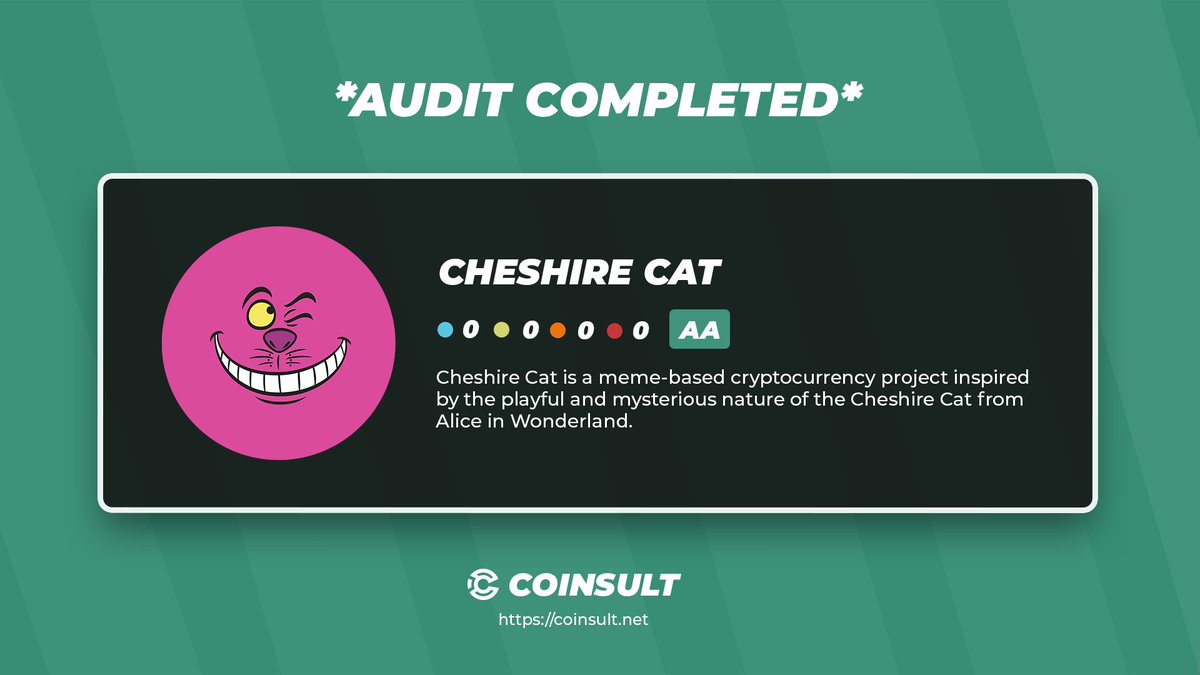 CoinsultAudits's tweet image. 🔒 AUDIT COMPLETED FOR CHESHIRE CAT

🎁 GIVEAWAY: $20 (48 hours)

1⃣ Follow @CheshireCat_BSC &amp;amp; @CoinsultAudits
2⃣ Like + RT this tweet
3⃣ Place a comment 💬

Go check out the full project page of CHESHIRE CAT 👇
coinsult.net/projects/chesh…

#giveaway #audit #smartcontract…