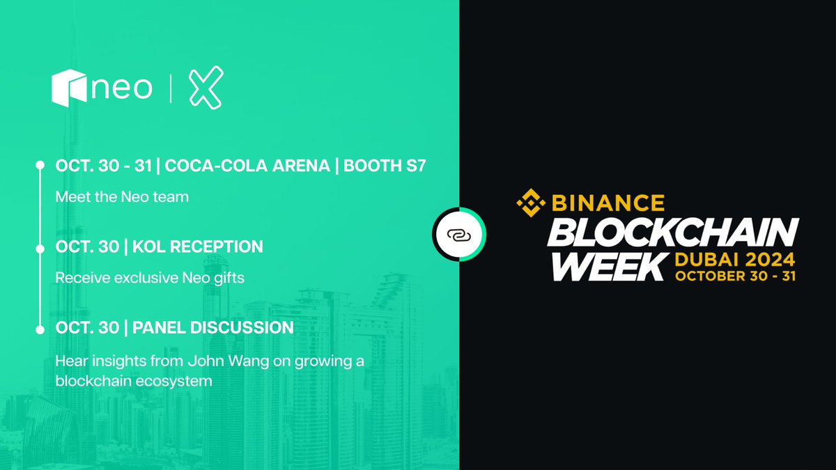 Neo_Blockchain's tweet photo. 🚀 Neo is heading to #BinanceBlockchainWeek in #Dubai!
📸 Visit our booth for interactive activations
🧸 Join us at the #Binance KOL party for adorable gifts
🎙️ Don’t miss our panel session for expert insights
Let’s connect in Dubai! 🌟
1/6🧵 https://t.co/mu17Fu97n9