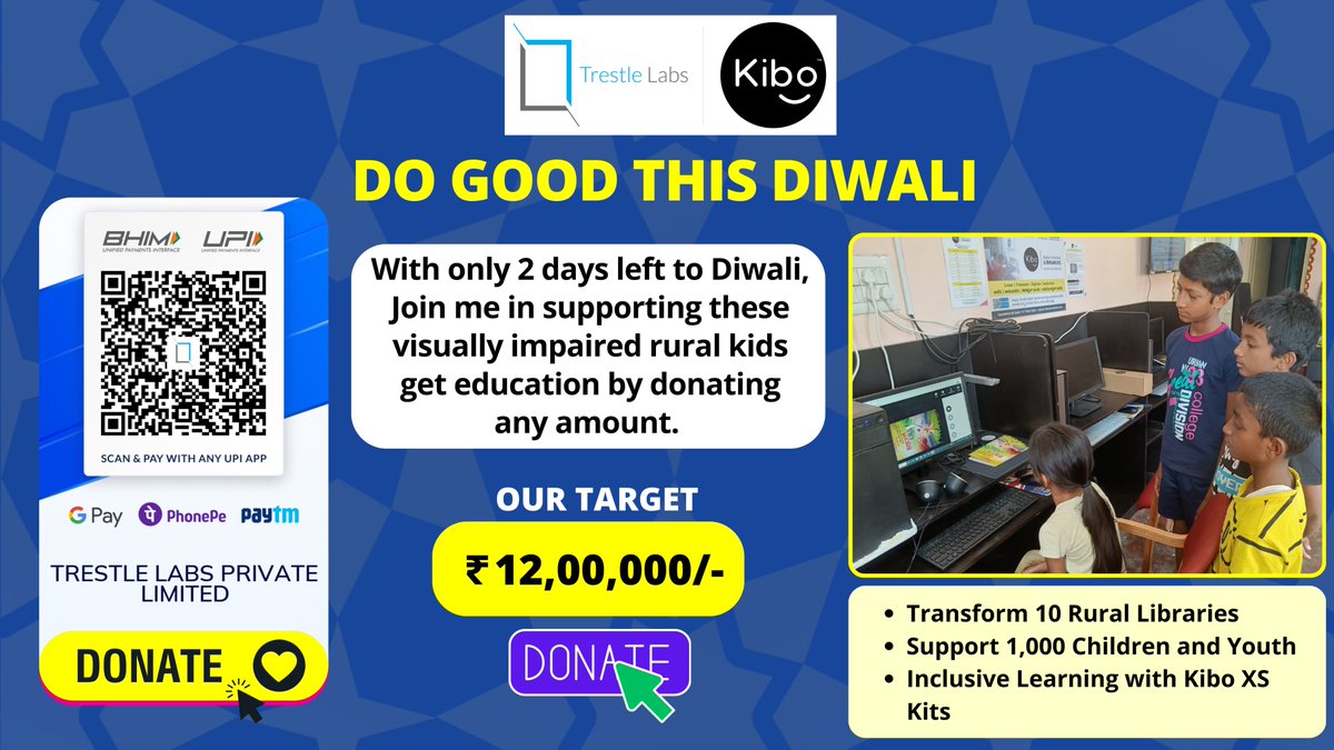 This Diwali, I have decided to light up the Diya of education and empowerment for visually impaired kids in rural India , you can make a difference by donating any amount on the QR code or on the link below. 

 Donate on the QR or 🔗click on this link : bit.ly/give-rdpr-kibo