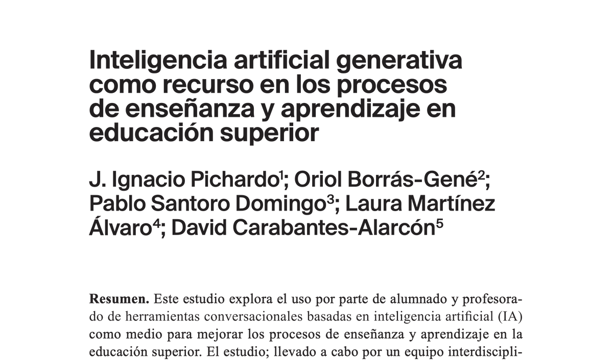 J. Ignacio Pichardo (@inasiyu) on Twitter photo 📢 ¡Nuevo artículo! Exploramos cómo alumnado y profesorado están usando IA como ChatGPT en la educación superior para aprender, enseñar y colaborar. ¿El futuro de la universidad? 👉 docta.ucm.es/rest/api/core/…
<a href="/oriolTIC/">Oriol Borrás-Gené #YoSoyURJC 🏳️🌈</a>, Laura Martínez Álvaro, Pablo Santoro y <a href="/dcaraban/">David Carabantes Alarcón</a> 📢 ¡Nuevo artículo! Exploramos cómo alumnado y profesorado están usando IA como ChatGPT en la educación superior para aprender, enseñar y colaborar. ¿El futuro de la universidad? 👉 docta.ucm.es/rest/api/core/…
<a href="/oriolTIC/">Oriol Borrás-Gené #YoSoyURJC 🏳️🌈</a>, Laura Martínez Álvaro, Pablo Santoro y <a href="/dcaraban/">David Carabantes Alarcón</a>