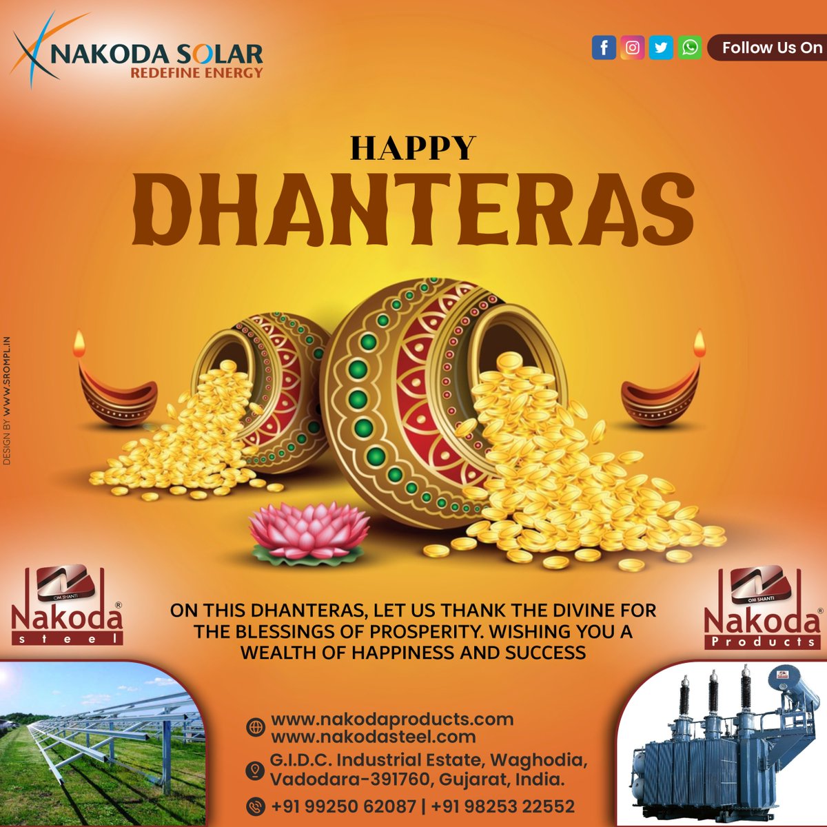 NakodaSolar's tweet photo. On this auspicious occasion of Diwali, Nakoda Family wishes you and your family a very Happy Dhanteras.

May the grace of Lakshmiji showers continuously, along with increase in wealth, prosperity, happiness, peace, and prosperity! https://t.co/JJuJaD1OBb