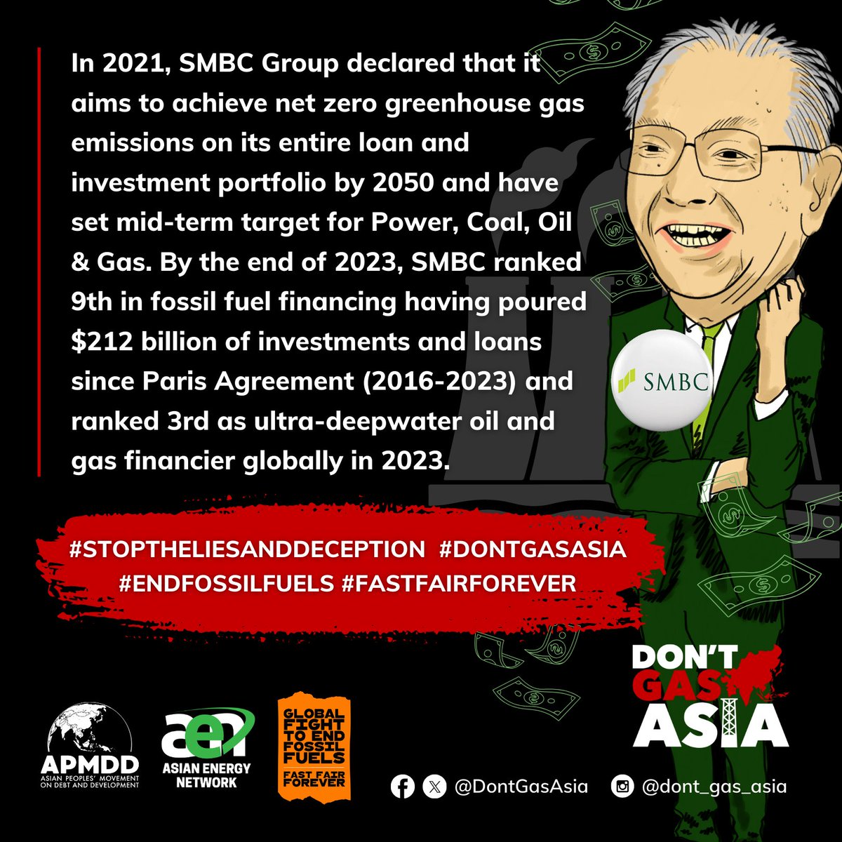 DontGasAsia's tweet photo. By the end of 2023, SMBC ranked 9th in fossil fuel financing having poured $212 Bn of investments and loans since Paris Agreement and ranked 3rd as ultra-deepwater oil and gas financier globally in 2023. #StopTheLiesAndDeception
#DontGasAsia #EndFossilFuels #FastFairForever https://t.co/yk13KTYRja