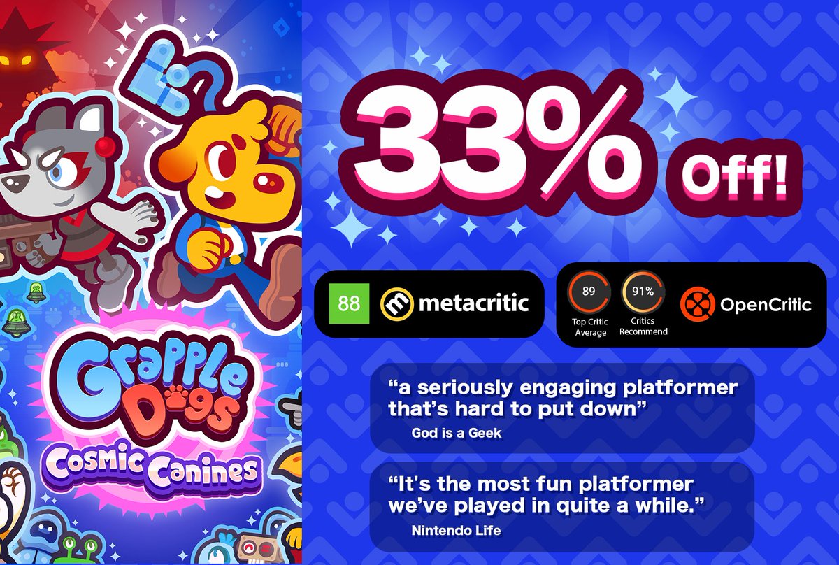JoGribbin's tweet photo. Grapple Dogs: Cosmic Canines is 33% Off on Steam until November 4th!

88 Metacritic!! 89 Opencritic!! 97% positive reviews on Steam!! The game is good, and now it's also slightly cheaper than before!

Link in the replies 👇 👇👇🐶🪝 https://t.co/XCaiJ3V8ws