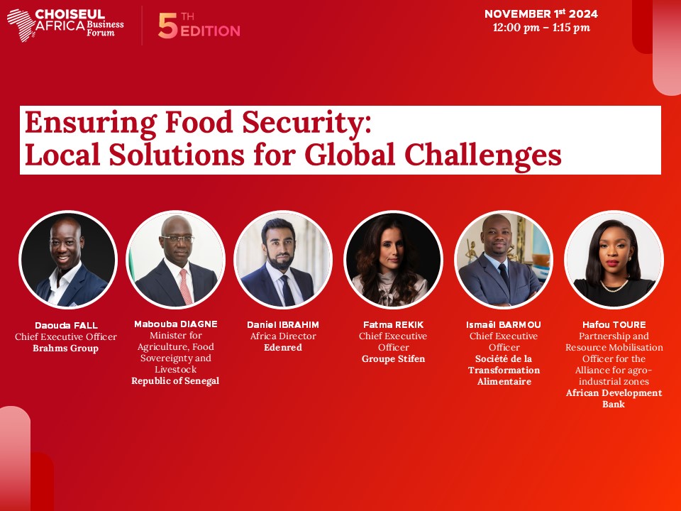 ChoiseulAfrica's tweet photo. Discover the panel “Ensuring Food Security: Local Solutions for Global Challenges” at #CABF2024! 🌍🌾

On the agenda 📆 🔎 What solutions can address local food needs and strengthen agro-industrial resilience in the face of global crises? A roundtable discussion with:

🔹 Daouda Fall, #BrahmsGroup
🔹 @Mabouba_Diagne_ , Minister of Agriculture, #Senegal
🔹 Daniel Ibrahim, @Edenred 
🔹 Fatma Rekik, Groupe #Stifen
🔹@IsmaelBarmou, #FoodTransformation Company
🔹 @HafouToure, @AfDB_Group

📅 Join us this Friday from 12:00 to 13:15, in the Siroua room!