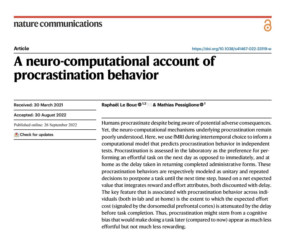 PatheNeuro's tweet image. สวัสดีครับ วันนี้จะมาชวนคุยเรื่องกลไกสมองของการ “ผัดวันประกันพรุ่ง” ครับ 

1
อาจจะฟังดูไม่เกี่ยวกับการตลาดเท่าไหร่ แต่พอดีว่าโพสท์ที่แล้วชวนคุยเรื่อง goal และ motivation ไปแล้วน่ะฮะ แล้วมีคน inbox มาคุยเรื่องที่เขามี goal ชัดมากแต่ทำไมไปไม่ถึงสักที…