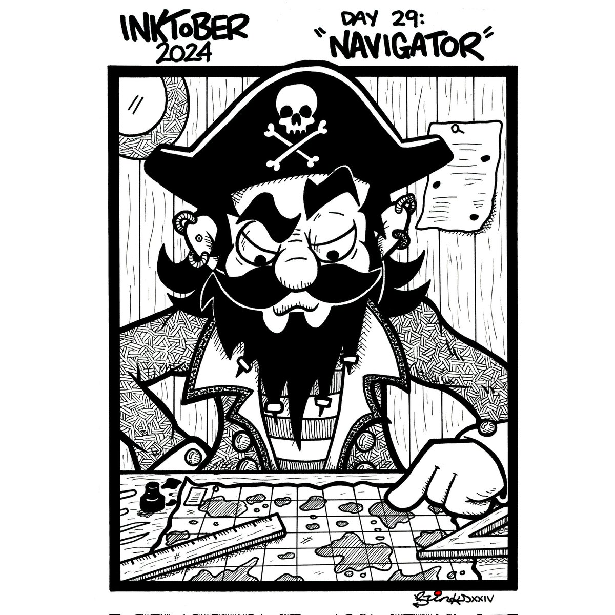 Mr_Brinks's tweet photo. Inktober 2024 - Day 29: "Navigator"
.
Phew, 2 more days to go, man I need a break, I'm exhausted. So for today's drawing I drew a pirate navigator, my son Dash drew a map and my other son Kylar drew a compass. https://t.co/ISSOHUYbwv