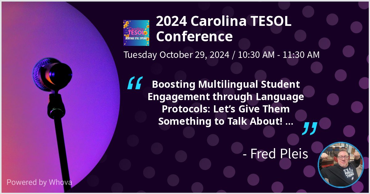 I am excited to offer a second session at 2024 Carolina TESOL Conference. Please check out my talk if you're attending the event. We are going to have fun and learn together!  - via #Whova event app #CarolinaTESOL2024