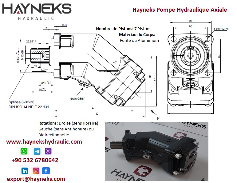Hayneks Pompe Hydraulique Axiale
Nombre de Pistons: 7 Pistons
Matériau du Corps: Fonte ou Aluminium
Rotations: Droite (sens Horaire), Gauche (sens Antihoraire) ou Bidirectionnelle
Capacité Disponible (Litre par Minute): de 12 litres à 130 litres
