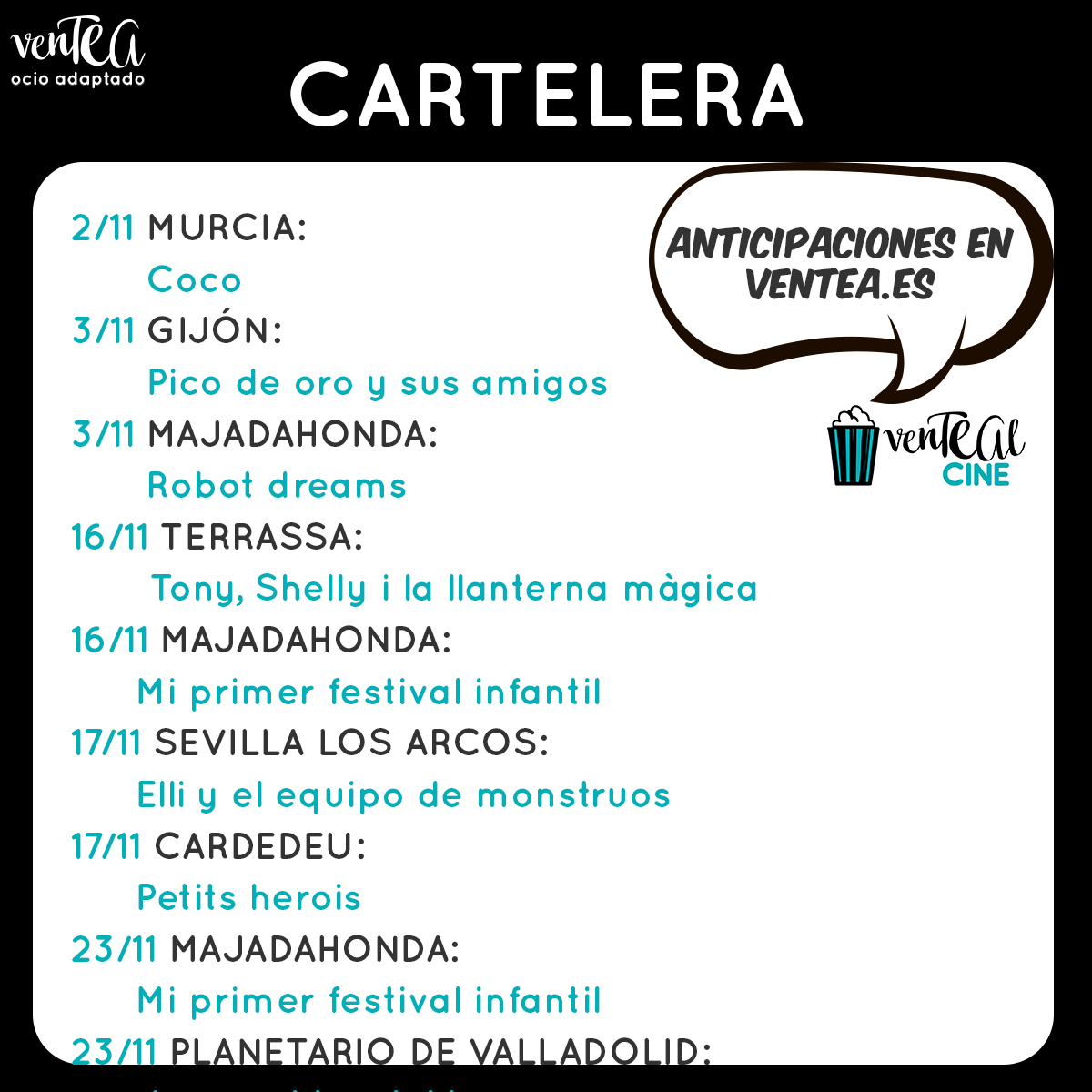 Este fin de semana nos llevamos el cine a Murcia, a Gijón y a Madrid. Tienes toda la info y los apoyos visuales en ventea.es/cartelera
¡Te esperamos!
#ventealcine