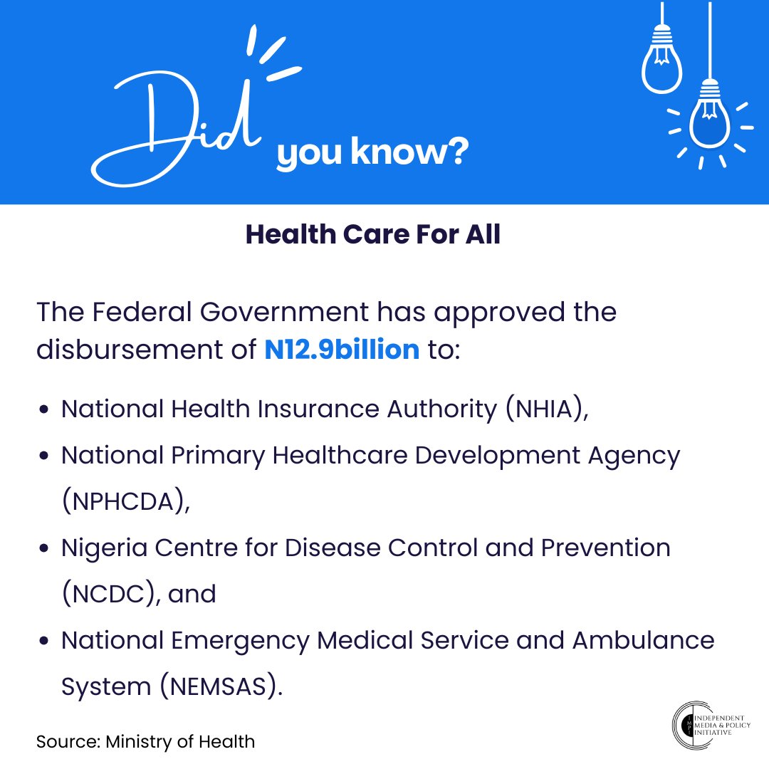 IMPINigeria's tweet photo. In May 2024, the Federal Government of Nigeria allocated over 260 billion Naira to revitalize primary healthcare centers across the country and the Federal Capital Territory (FCT). This significant investment aims to strengthen the healthcare system, particularly at the grassroots level.

Beneficiary Agencies:
- National Health Insurance Agency (NHIA)

- National Primary Health Care Development Agency (NPHCDA)

- Nigeria Centre for Disease Control (NCDC)
- 
- National Emergency Medical Service and Ambulance Service (NEMSAS)

These agencies will receive the first disbursement of 12.9 billion Naira to enhance their operations and service delivery. The funds will support various initiatives, including:

- Infrastructure Development: Upgrading and equipping primary healthcare centers

- Workforce Capacity Building: Training and recruitment of healthcare personnel

- Health Insurance Expansion: Increasing coverage for vulnerable populations

- Disease Prevention and Control: Enhancing surveillance and response to outbreaks

This revitalization effort is part of the Federal Government's broader strategy to improve healthcare outcomes and achieve universal health coverage in Nigeria.
