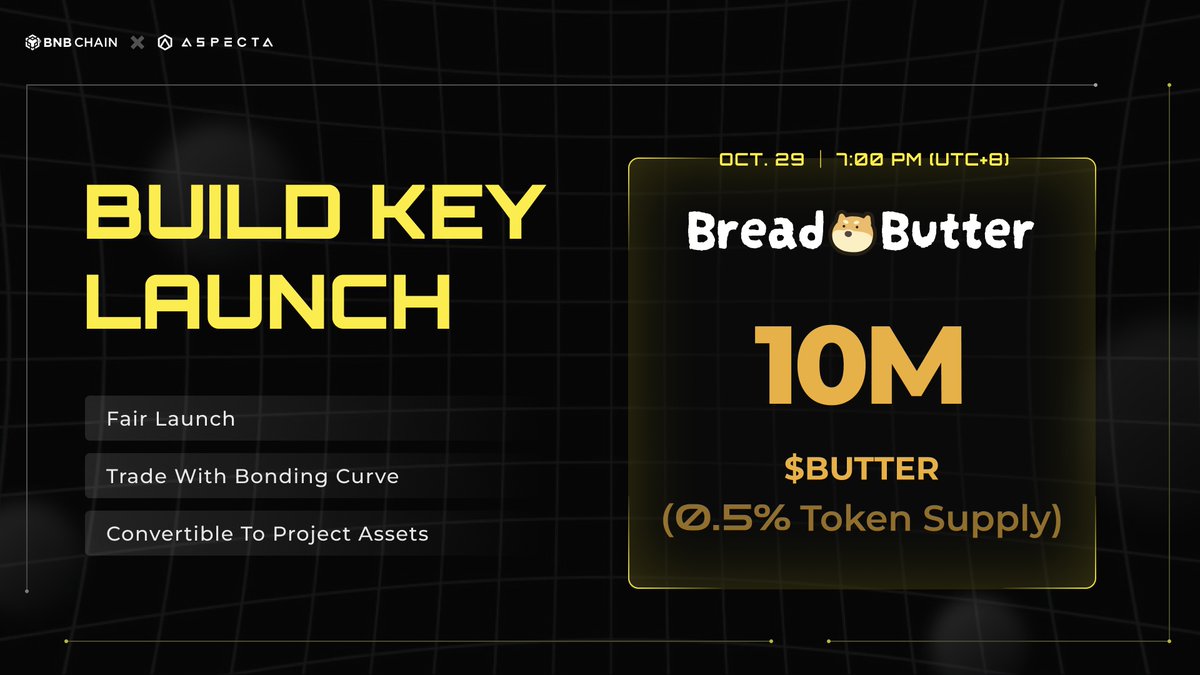 aspecta_ai's tweet photo. 🎉 @breadnbutterxyz #BuildKey is going live in 5 minutes!
BreadnButter #BuildKeys are convertible to 10M $BUTTER (0.5% of total token supply)
Get ready with the Early Key Raffle mechanism: secure the early #BuildKey in the first minute➡️ https://t.co/VGDaXPNeQN https://t.co/DIoIXhtLJq