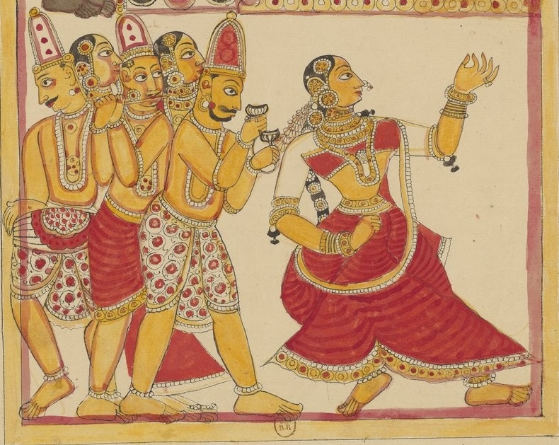 South Indian Dancer with musicians by an artist from Karaikal/Thanjavur, between 1727 and 1758. One of the oldest such images painted on paper. Collected by the Count of Mondave in 1769, now in <a href="/laBnF/">La Bibliothèque nationale de France</a> Paris (Estampes, Od39b, f.173)