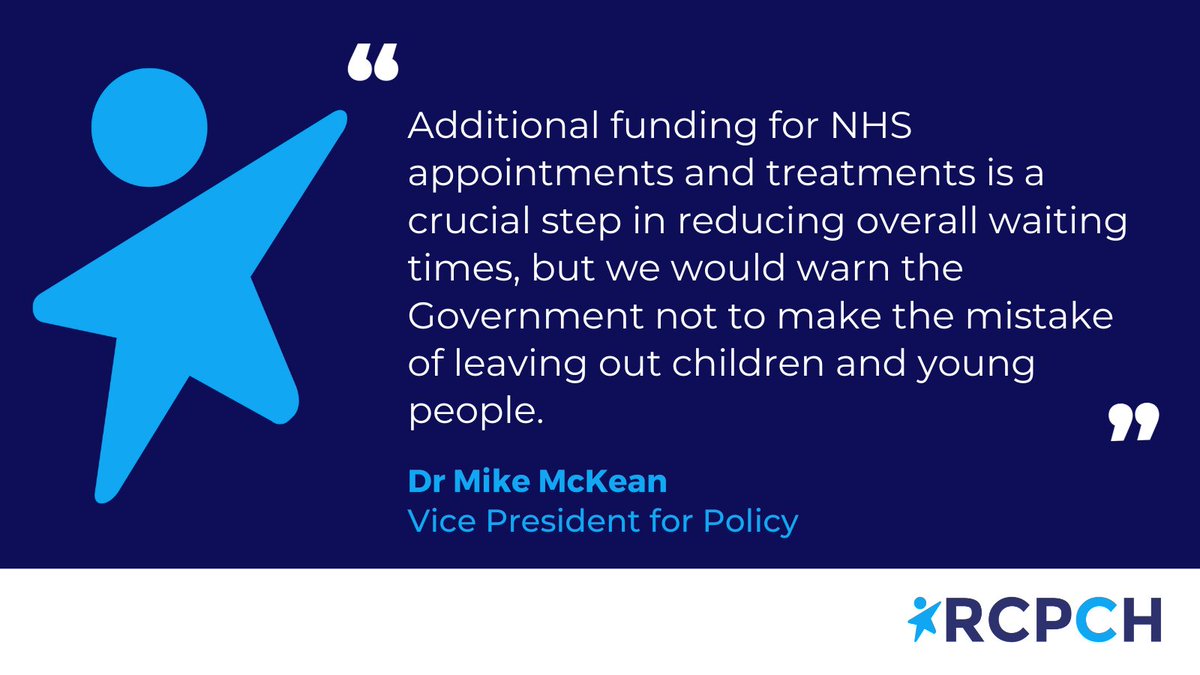 Today the Government has announced additional funding for elective appointments. 

We urge the Health Secretary to set out how these plans will  support child health services to deliver more appointments for children.

Read about our concerns 👇rcpch.ac.uk/news-events/ne…