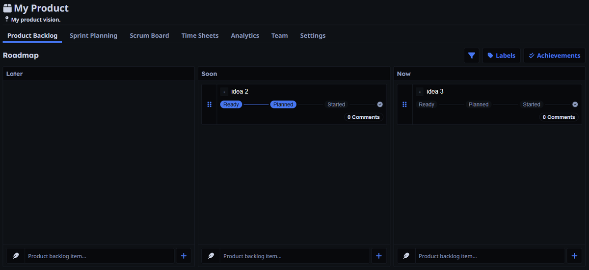 We're experimenting with merging the product backlog with the roadmap. I dislike how achievements are hidden in the corner. We'd like to use them to induce a feel good factor.